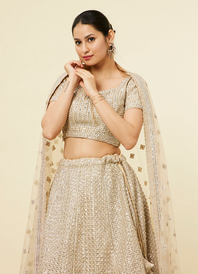 alt message - Mohey Women Beige Rhinestone Embellished Lehenga image number 1