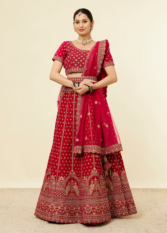 Mohey Women Rani Pink Floral Patterned Embroidered Bridal Lehenga