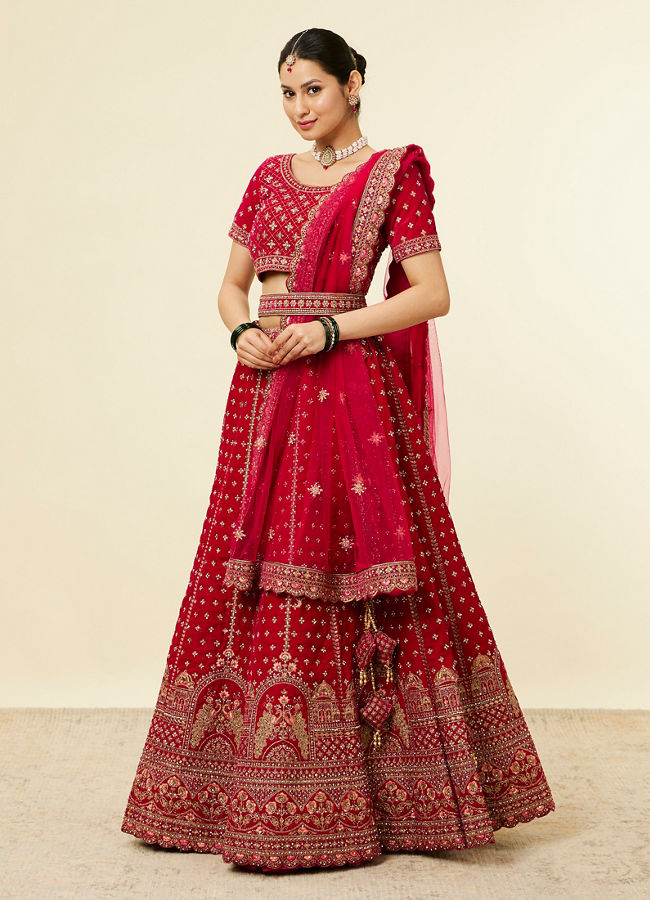 Mohey Women Rani Pink Floral Patterned Embroidered Bridal Lehenga