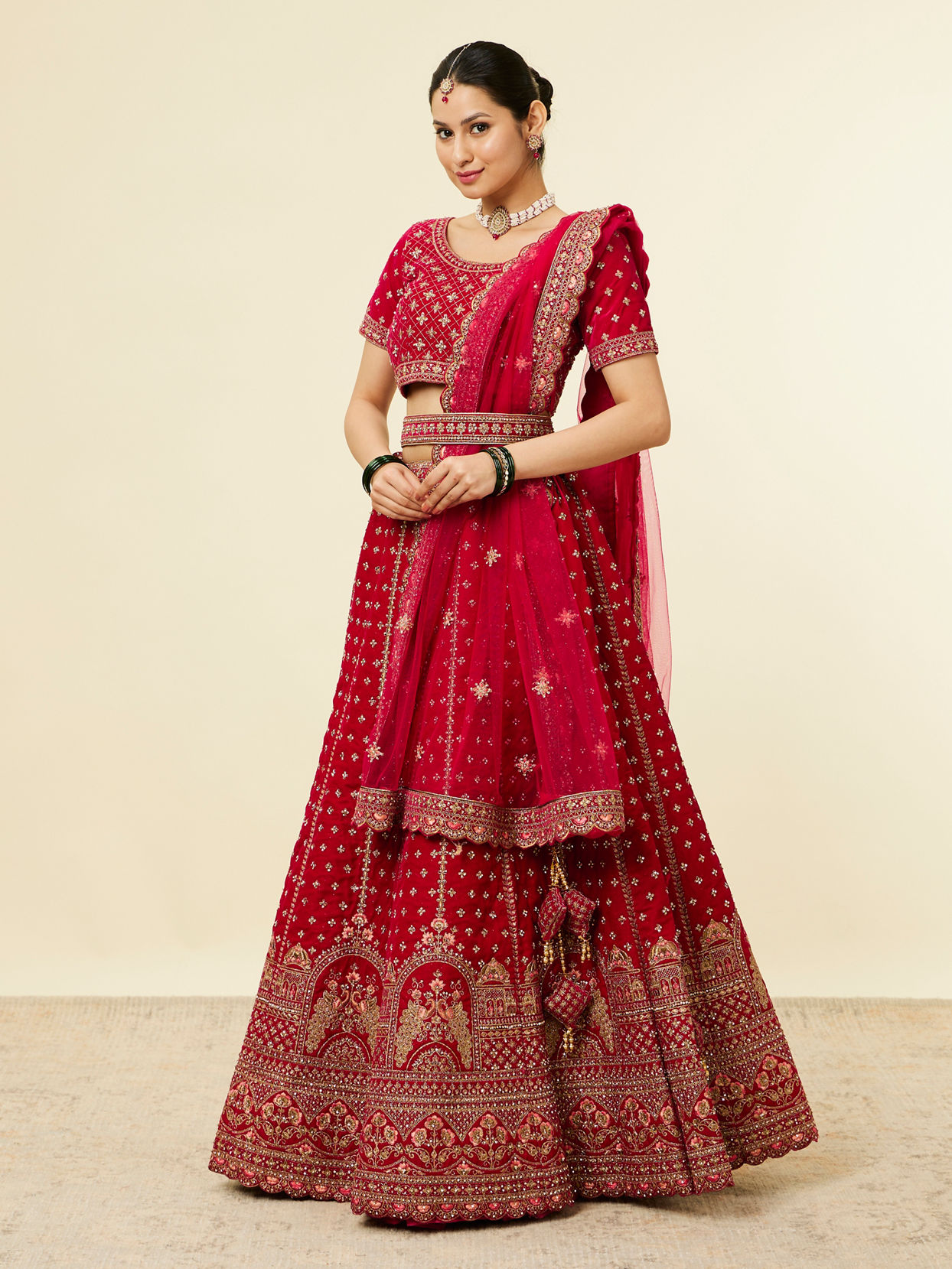 Rani Pink Floral Patterned Embroidered Lehenga image number 2