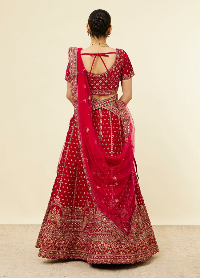 Rani Pink Floral Patterned Embroidered Lehenga image number 4