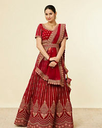 Mohey Women Solid Red Aari Embroidered Bridal Lehenga