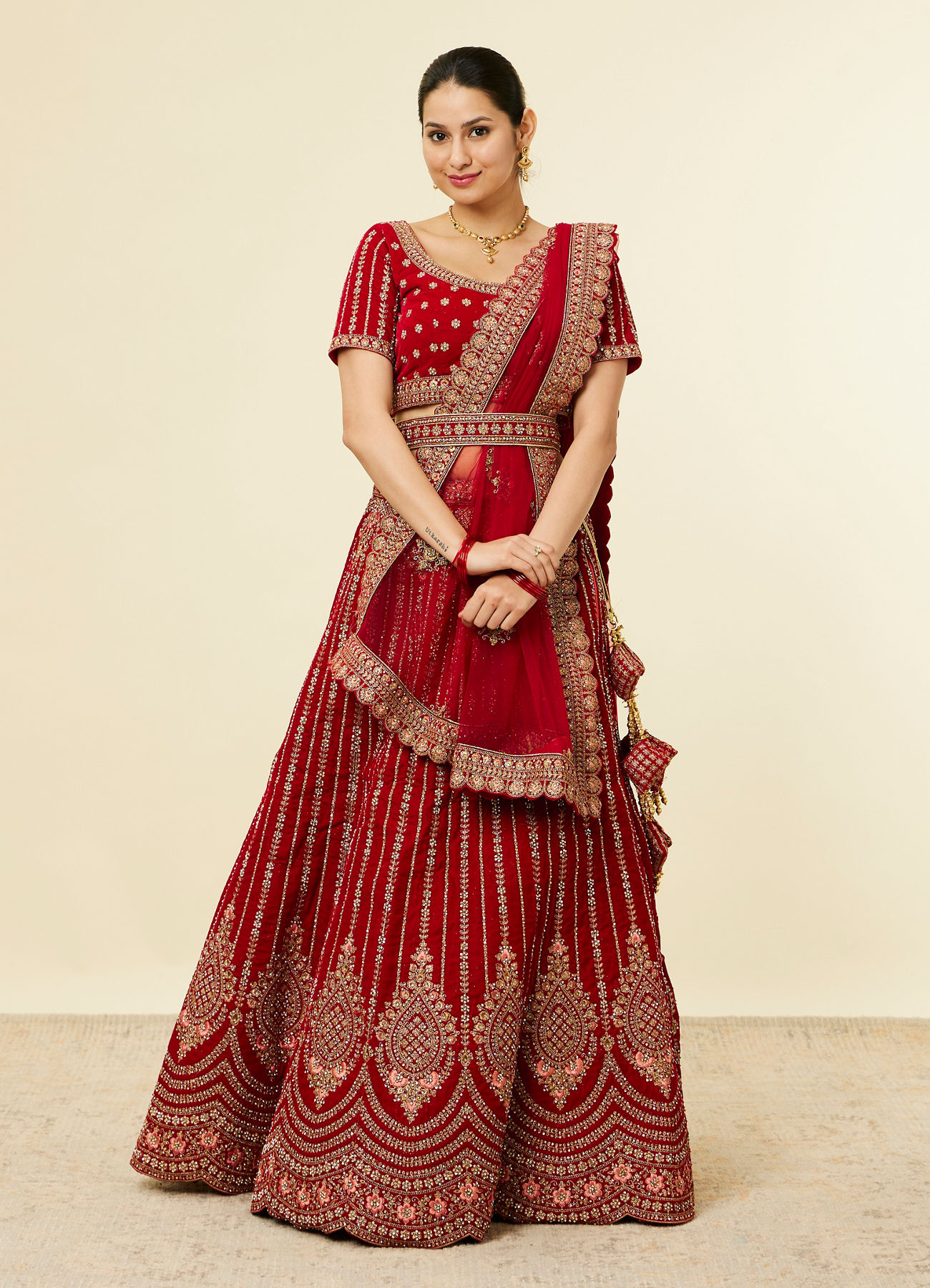 Mohey Women Solid Red Aari Embroidered Bridal Lehenga