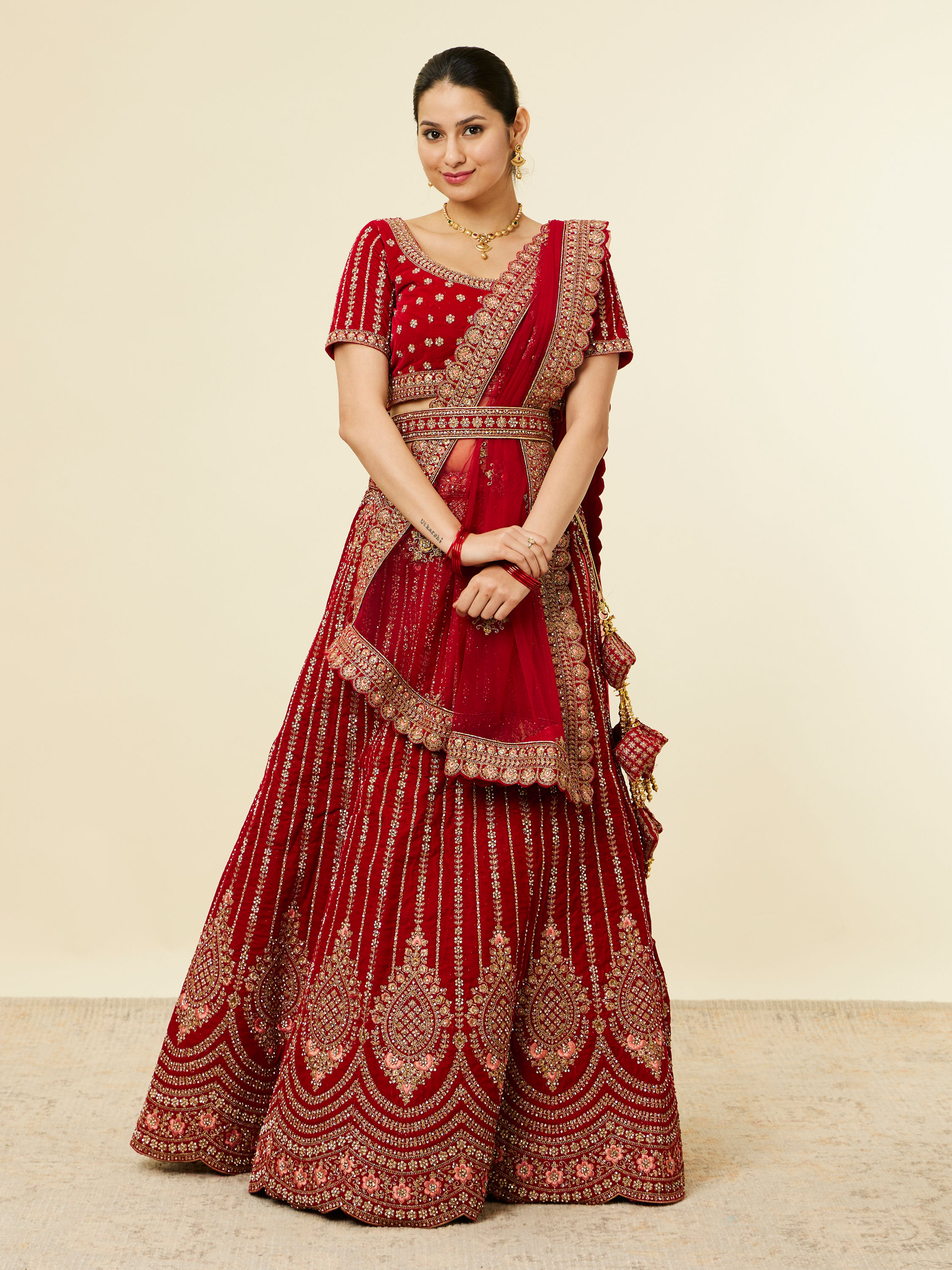 Mohey Women Solid Red Aari Embroidered Bridal Lehenga