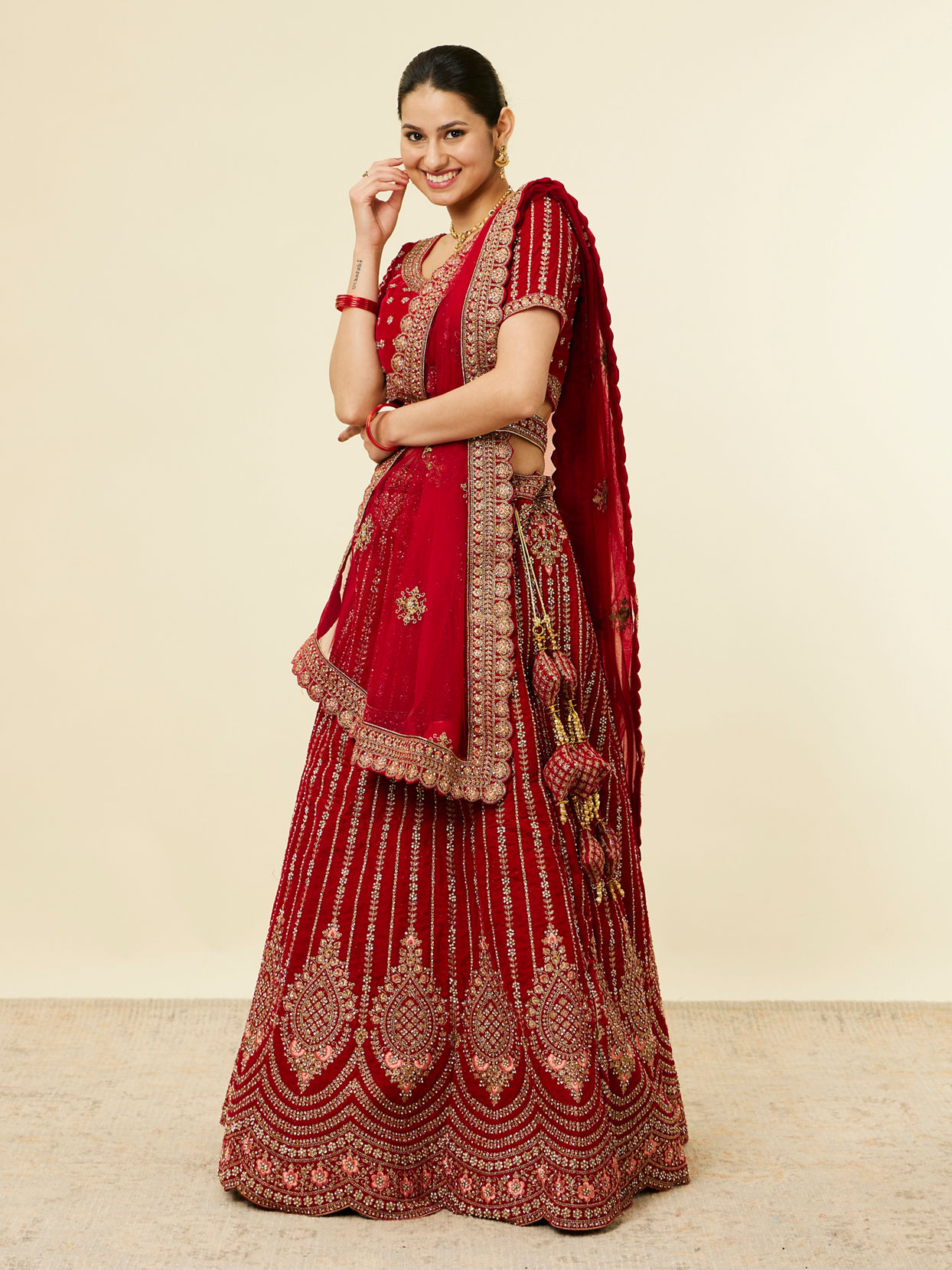 Mohey Women Solid Red Aari Embroidered Bridal Lehenga