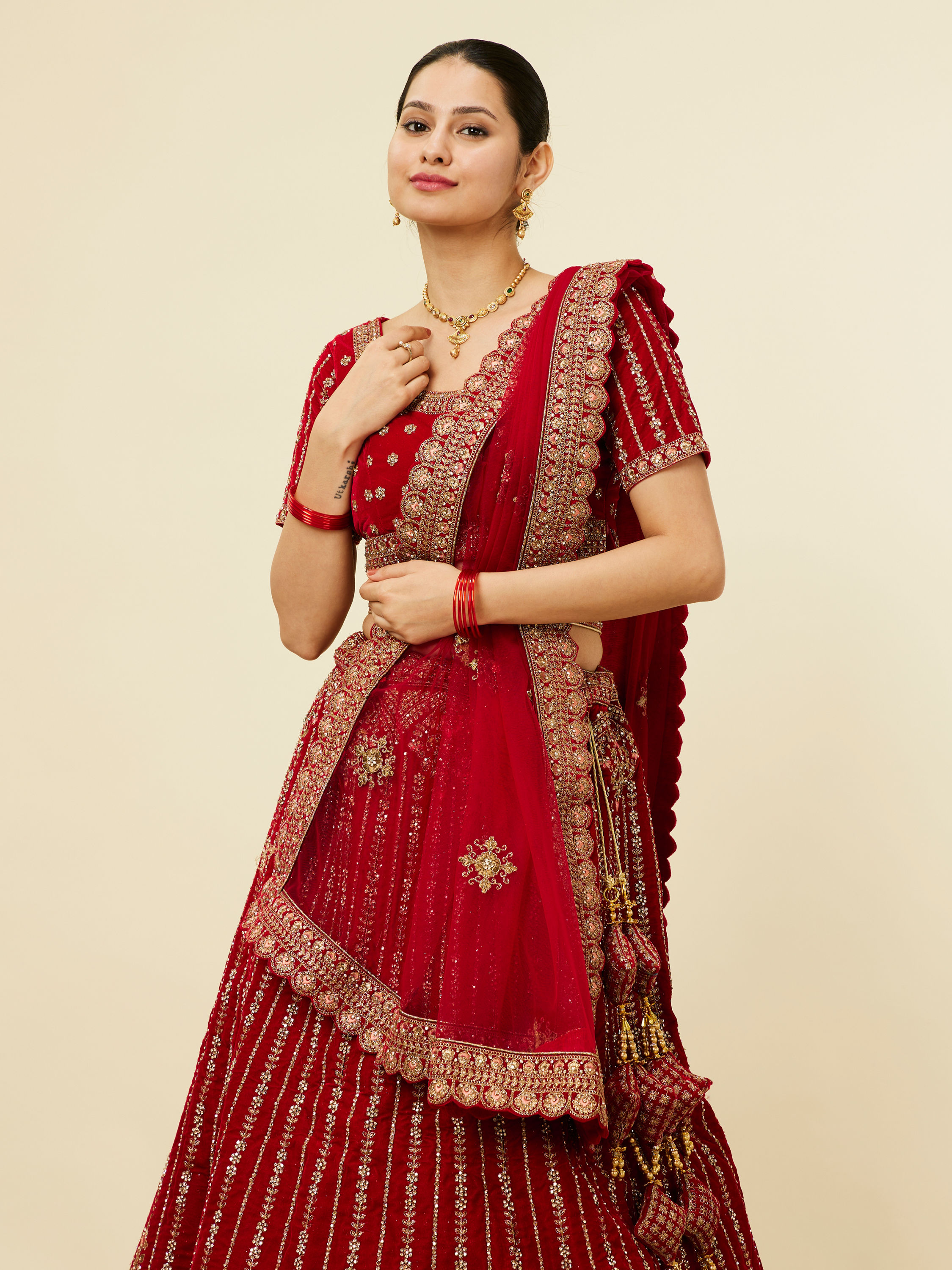 Mohey Women Solid Red Aari Embroidered Bridal Lehenga