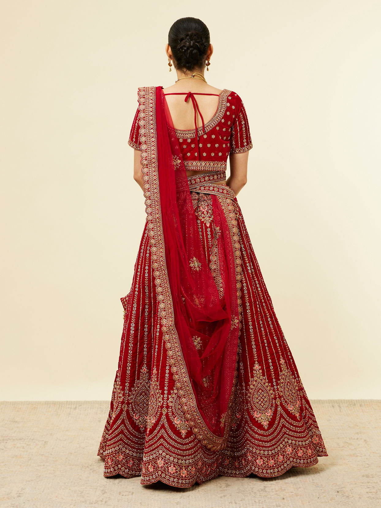 Mohey Women Solid Red Aari Embroidered Bridal Lehenga