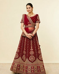 Mohey Women Classic Maroon Aari Embroidered Bridal Lehenga