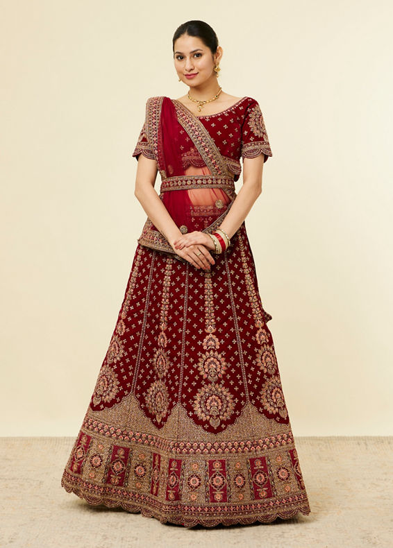 Mohey Women Classic Maroon Aari Embroidered Bridal Lehenga