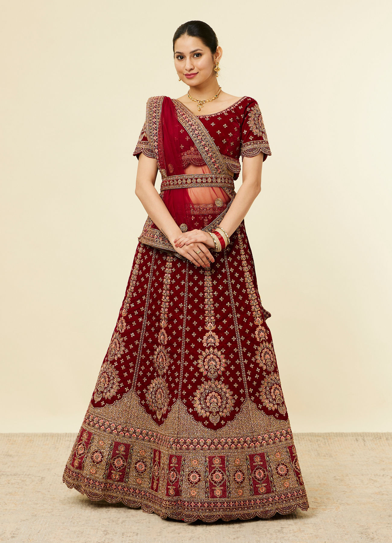 Mohey Women Classic Maroon Aari Embroidered Bridal Lehenga