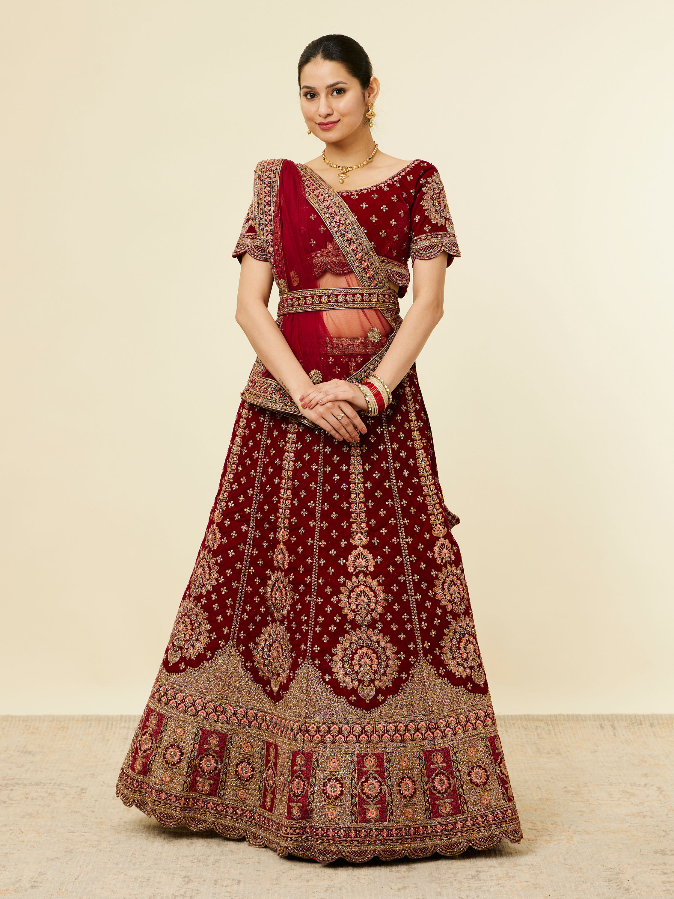 Mohey Women Classic Maroon Aari Embroidered Bridal Lehenga