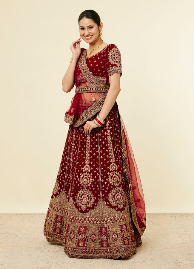 Mohey Women Classic Maroon Aari Embroidered Bridal Lehenga
