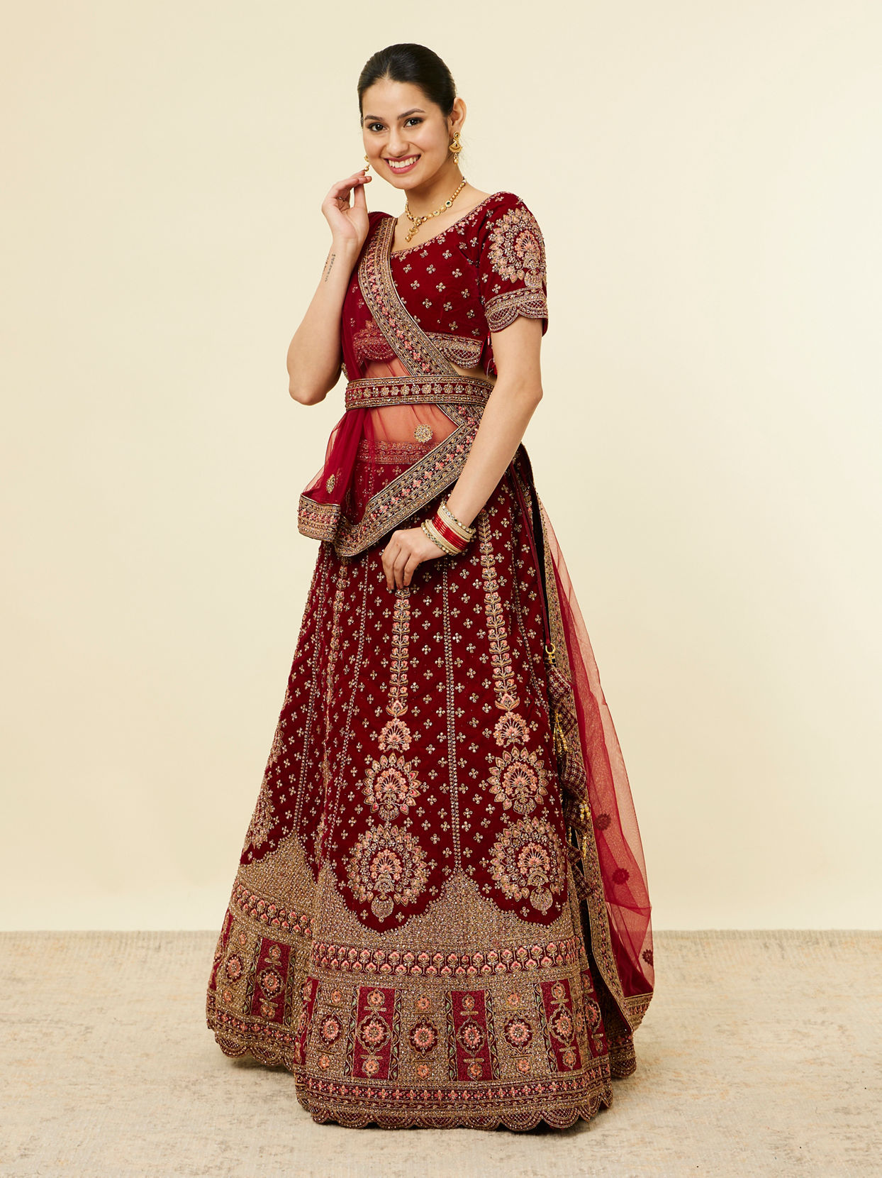 Mohey Women Classic Maroon Aari Embroidered Bridal Lehenga