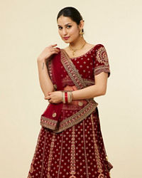 Mohey Women Classic Maroon Aari Embroidered Bridal Lehenga