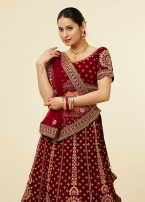 Mohey Women Classic Maroon Aari Embroidered Bridal Lehenga
