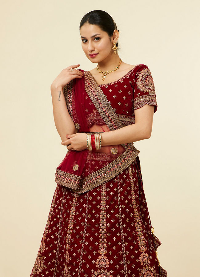 Mohey Women Classic Maroon Aari Embroidered Bridal Lehenga