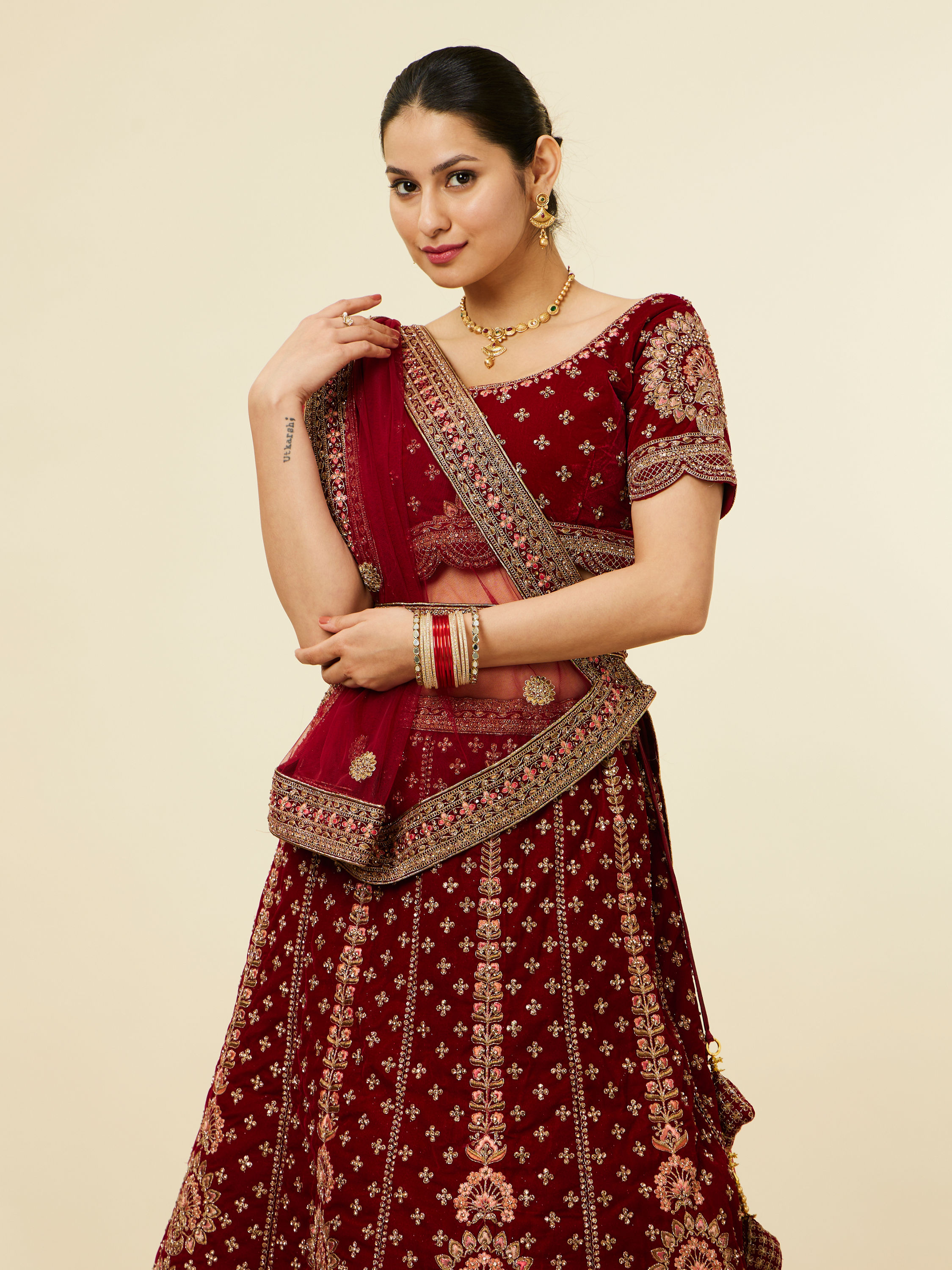 Mohey Women Classic Maroon Aari Embroidered Bridal Lehenga