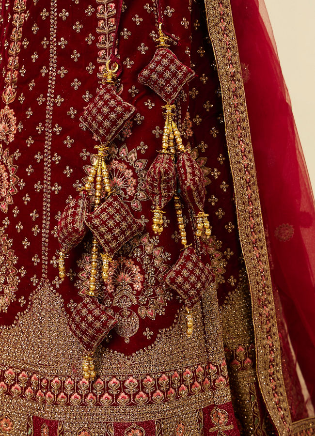 Mohey Women Classic Maroon Aari Embroidered Bridal Lehenga
