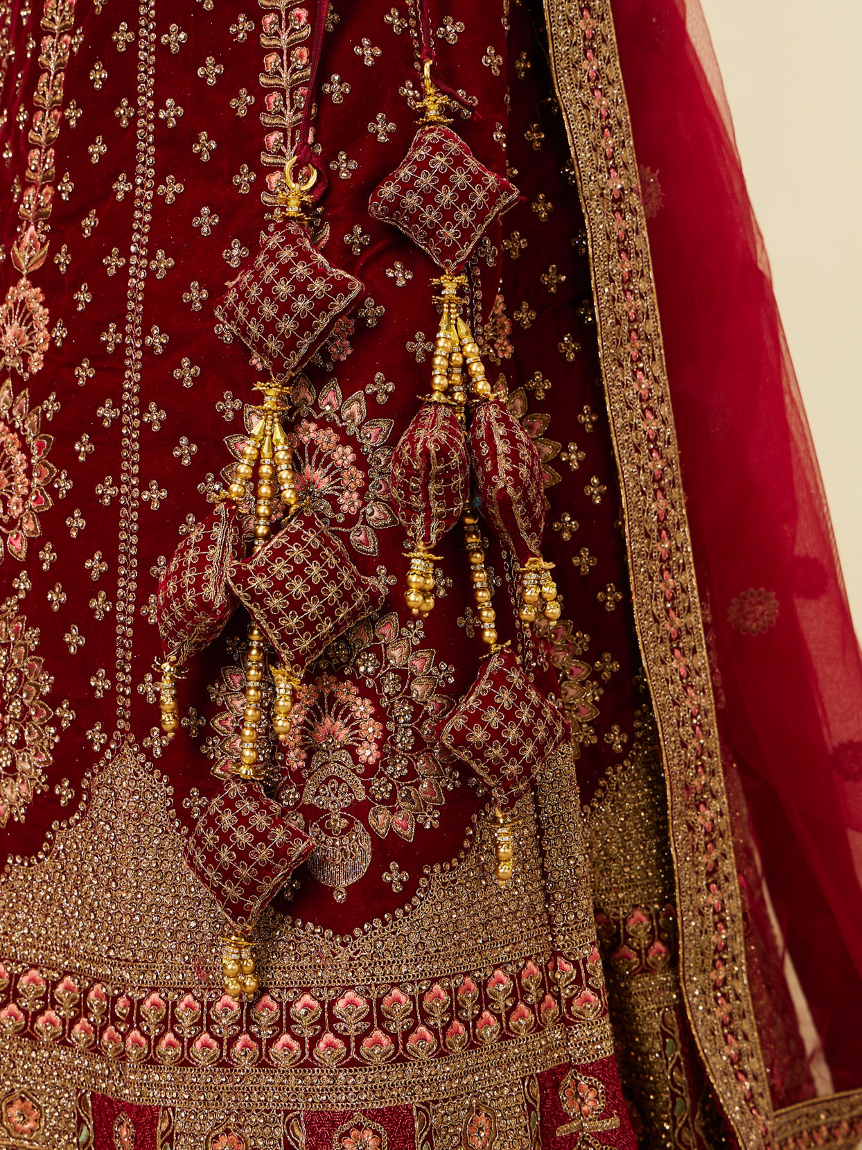 Mohey Women Classic Maroon Aari Embroidered Bridal Lehenga