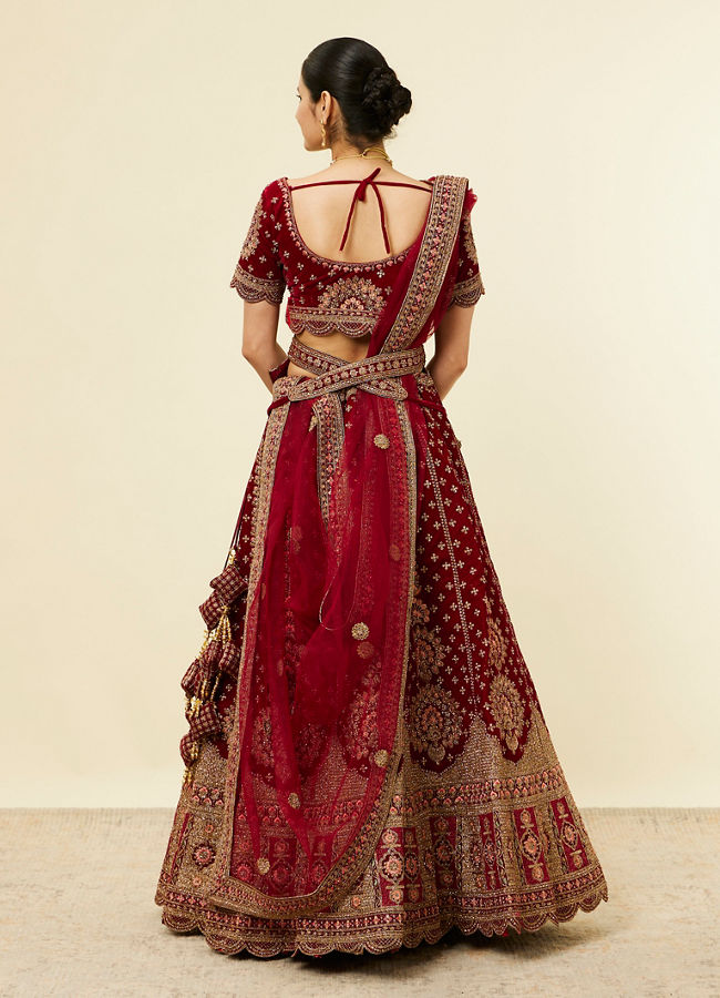 Mohey Women Classic Maroon Aari Embroidered Bridal Lehenga