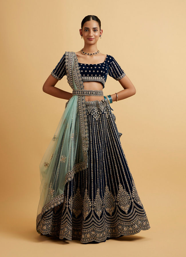 alt message - Mohey Women Teal Blue Floral Medallion Patterned Lehenga image number 0