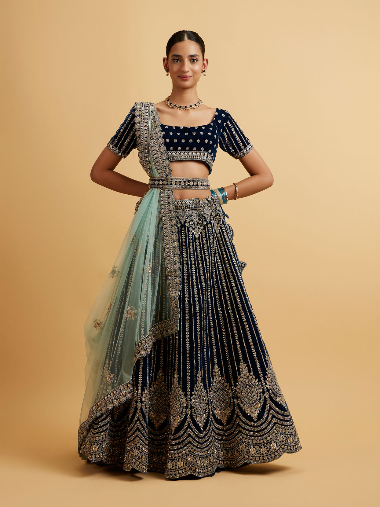 alt message - Mohey Women Teal Blue Floral Medallion Patterned Lehenga image number 0