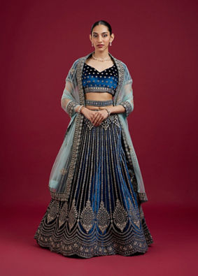 Mohey Women Teal Blue Floral Medallion Patterned Bridal Lehenga