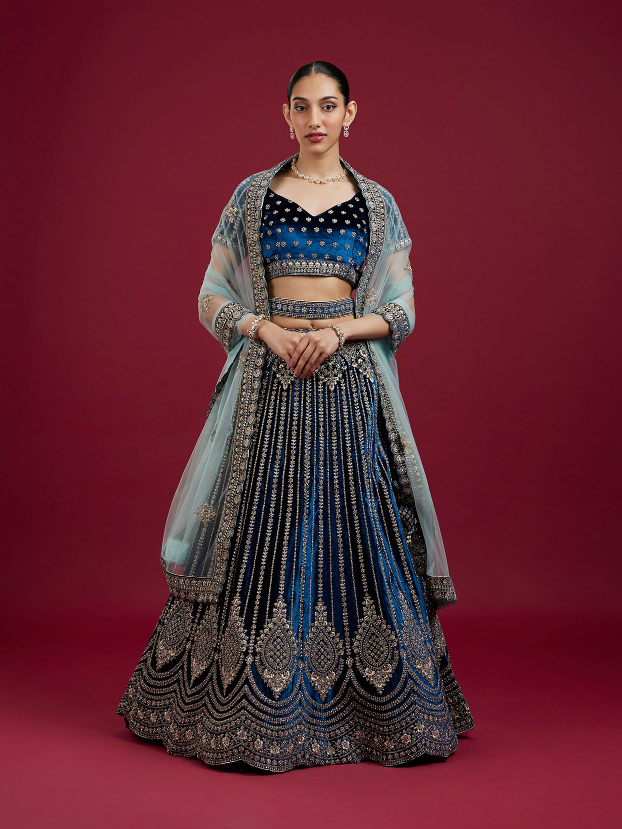 Mohey Women Teal Blue Floral Medallion Patterned Bridal Lehenga
