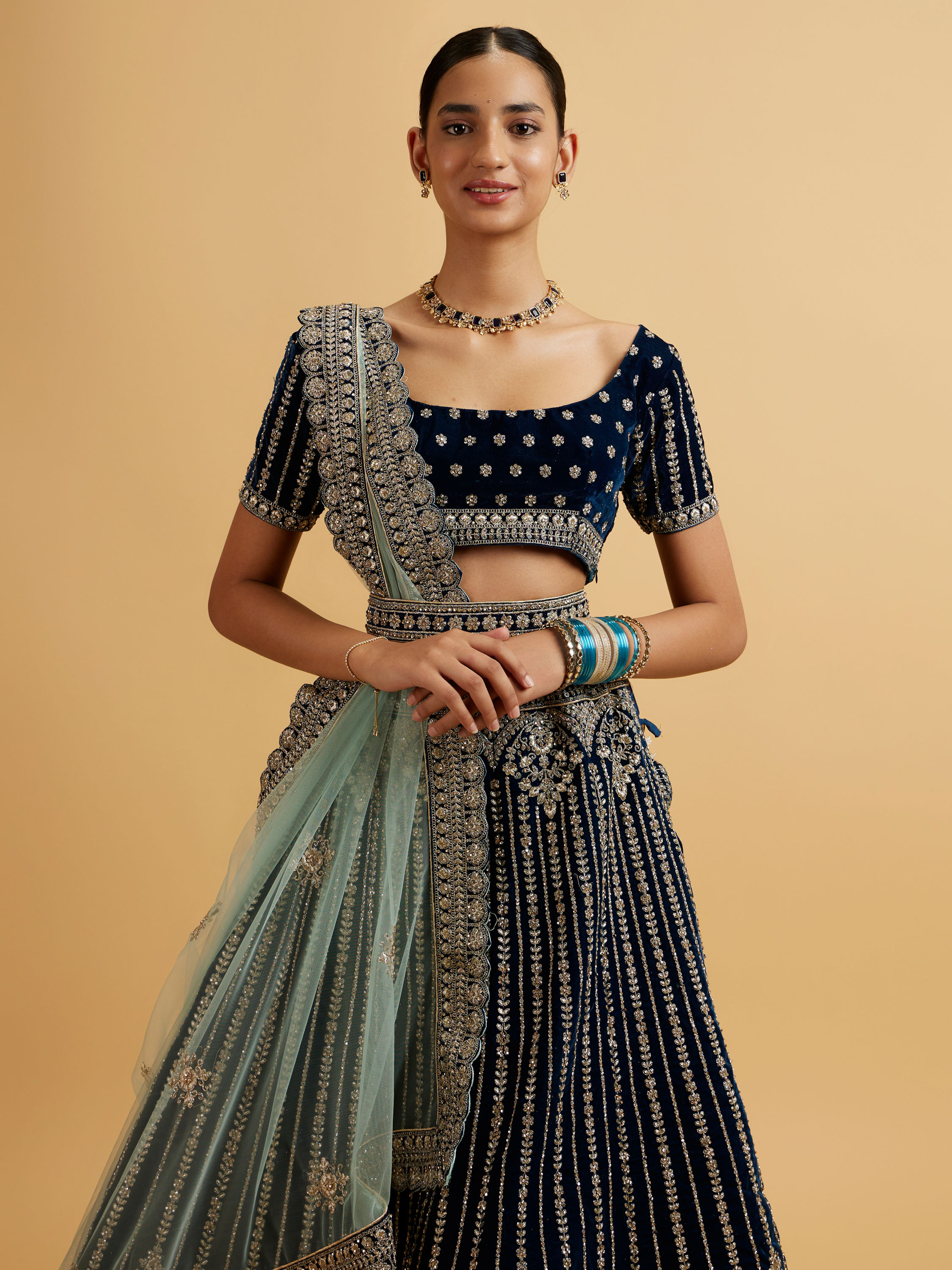 Mohey Women Teal Blue Floral Medallion Patterned Bridal Lehenga