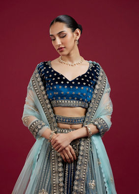 Mohey Women Teal Blue Floral Medallion Patterned Bridal Lehenga