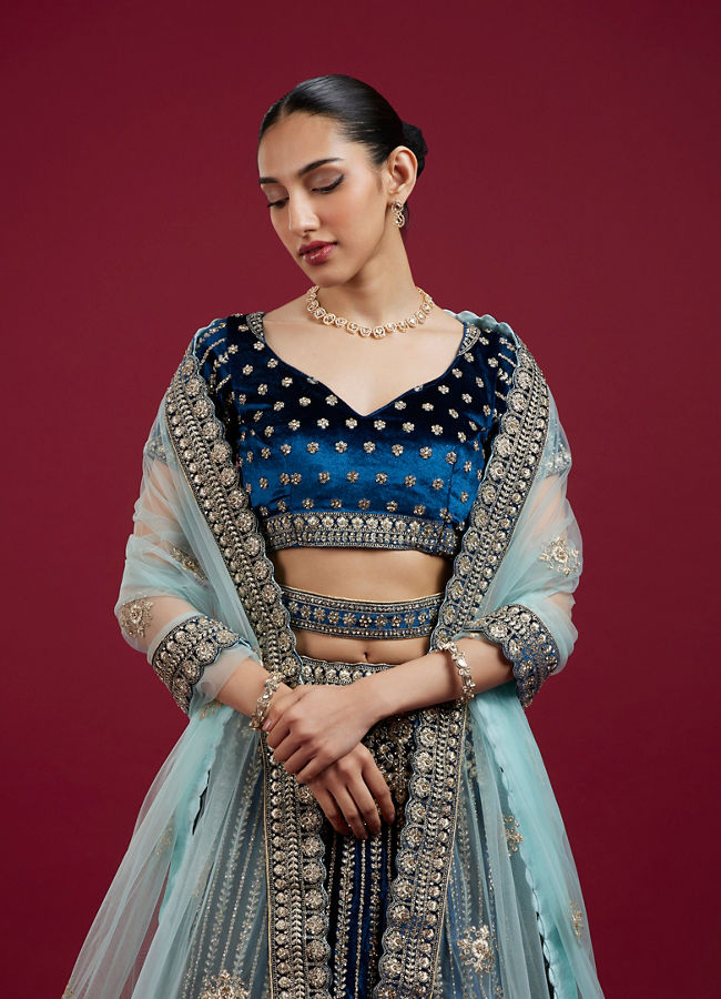 Mohey Women Teal Blue Floral Medallion Patterned Bridal Lehenga