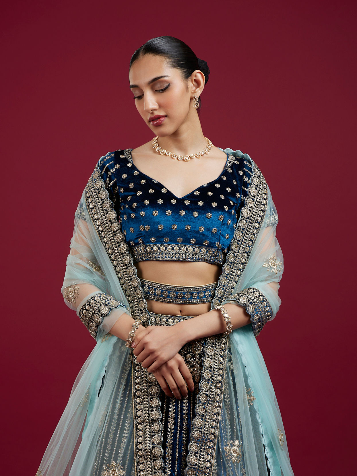 Mohey Women Teal Blue Floral Medallion Patterned Bridal Lehenga