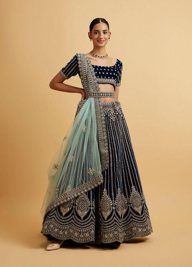 alt message - Mohey Women Teal Blue Floral Medallion Patterned Lehenga image number 2