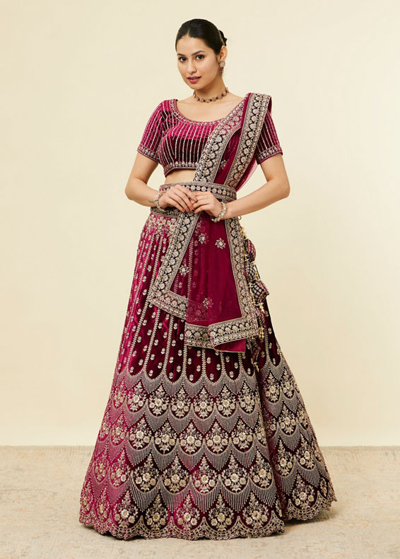 Mohey Women Wine Floral Embroidered Bridal Lehenga with Stone Work