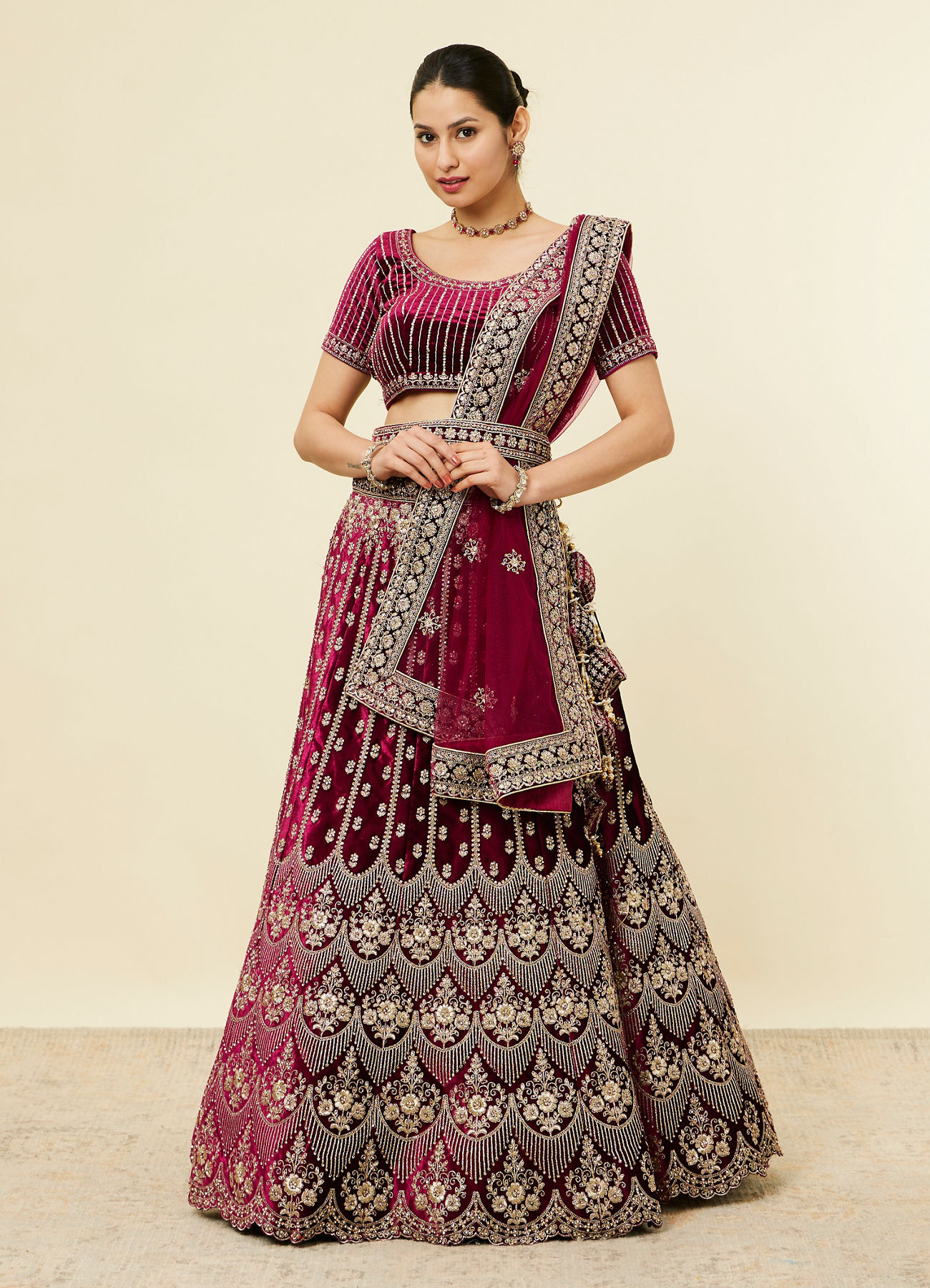 Mohey Women Wine Floral Embroidered Bridal Lehenga with Stone Work