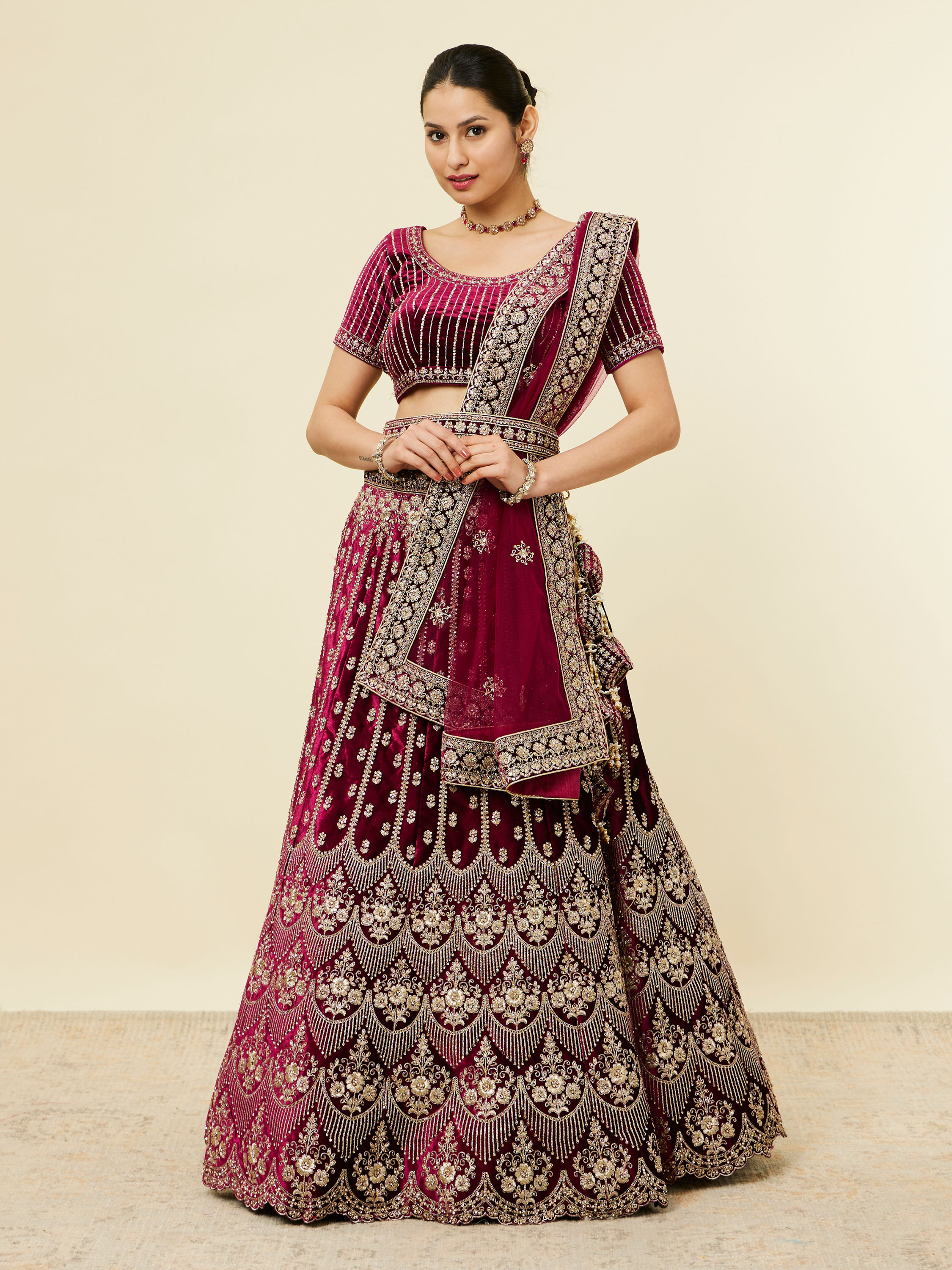 Mohey Women Wine Floral Embroidered Bridal Lehenga with Stone Work