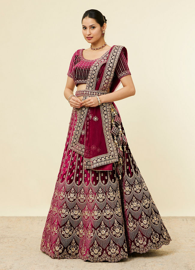 Mohey Women Wine Floral Embroidered Bridal Lehenga with Stone Work