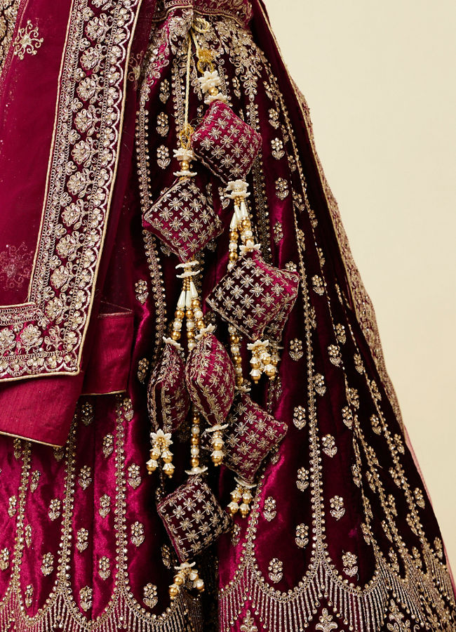 Mohey Women Wine Floral Embroidered Bridal Lehenga with Stone Work