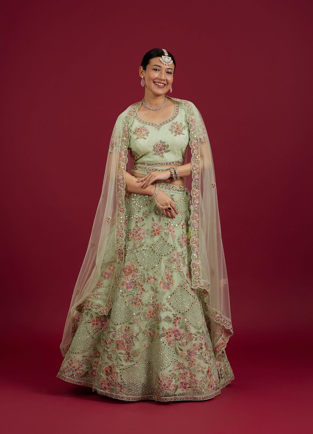 Mohey Women Pista Green Party Lehenga