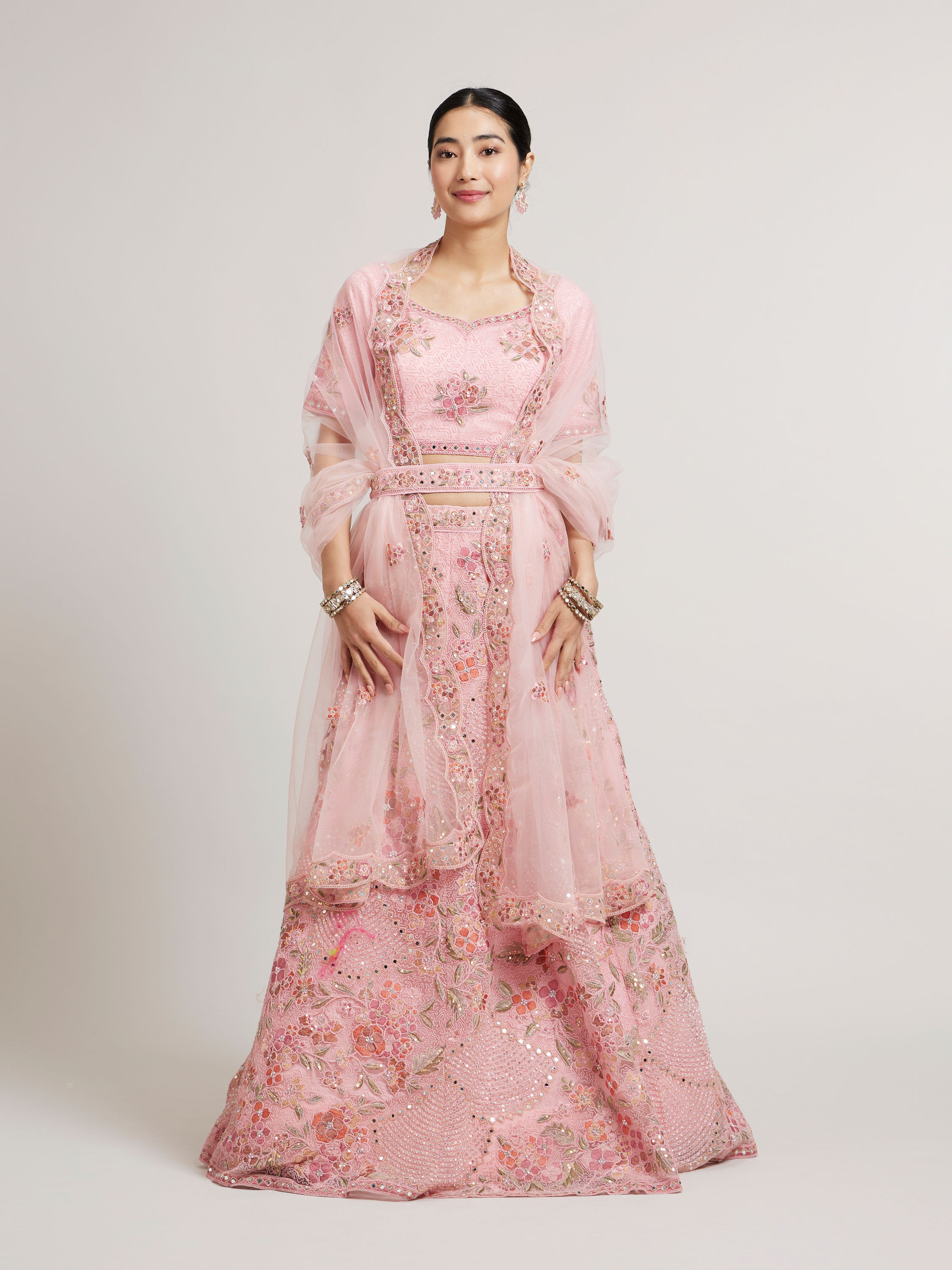 Mohey Women Rose Pink Bel Buti Patterned Lehenga with Mirror Embellishment