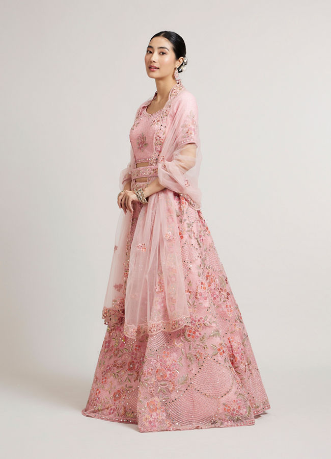 alt message - Mohey Women Pink Blossoms Bridal Lehenga image number 2