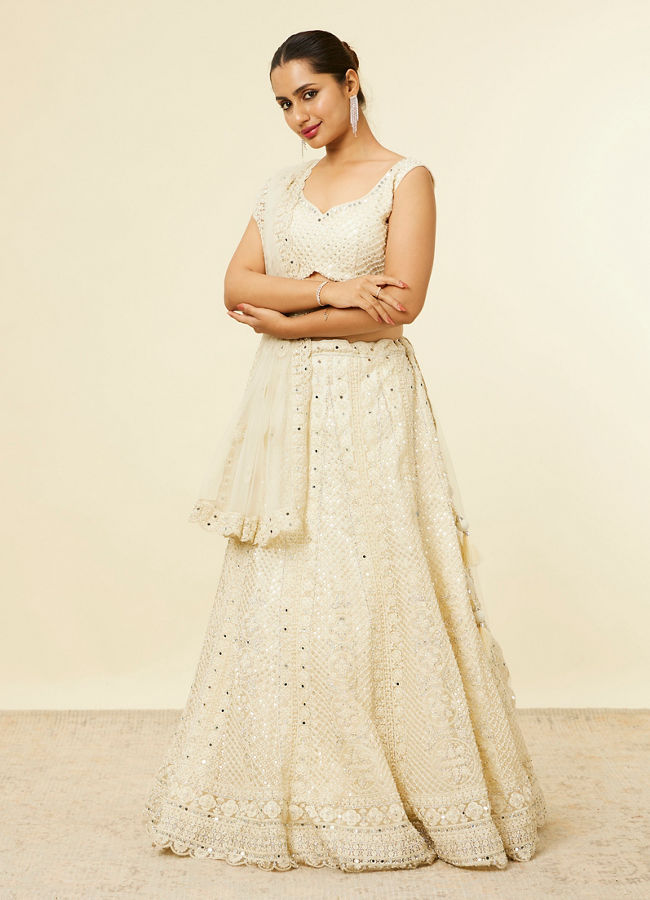 Mohey Women Dark Cream Floral Patterned Lehenga with Mirror work