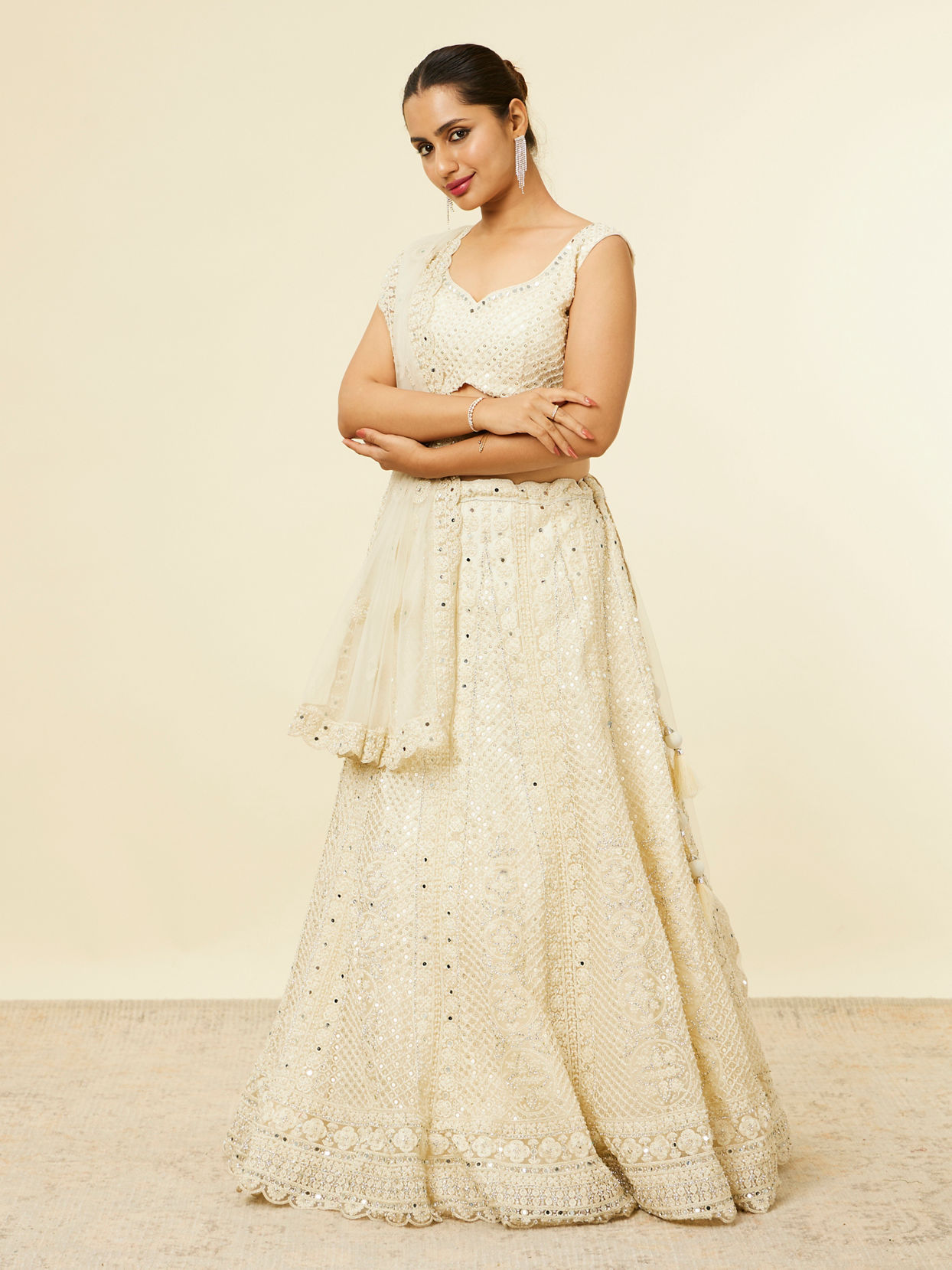 Mohey Women Dark Cream Floral Patterned Lehenga with Mirror work