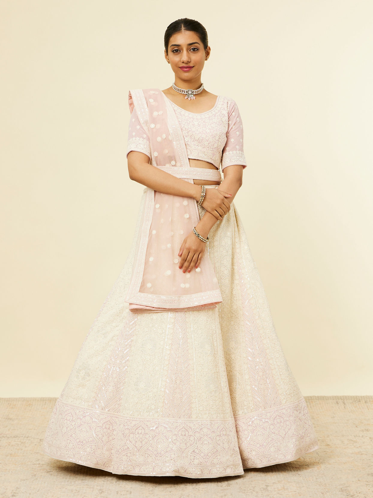 Mohey Women Cream Light Pink Floral Medallion Patterned Lehenga