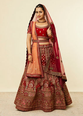 alt message - Mohey Women Bright Red Pink Imperial Paisley Patterned Bridal Lehenga image number 2