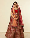 alt message - Mohey Women Bright Red Pink Imperial Paisley Patterned Bridal Lehenga image number 0