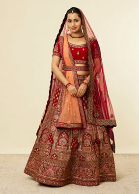 alt message - Mohey Women Bright Red Pink Imperial Paisley Patterned Bridal Lehenga image number 0