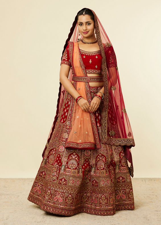 Mohey Women Bright Red Pink Imperial Paisley Patterned Bridal Lehenga