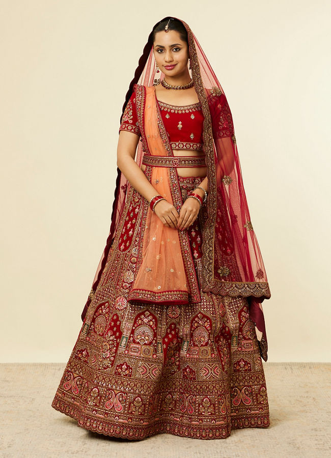 alt message - Mohey Women Bright Red Pink Imperial Paisley Patterned Bridal Lehenga image number 0