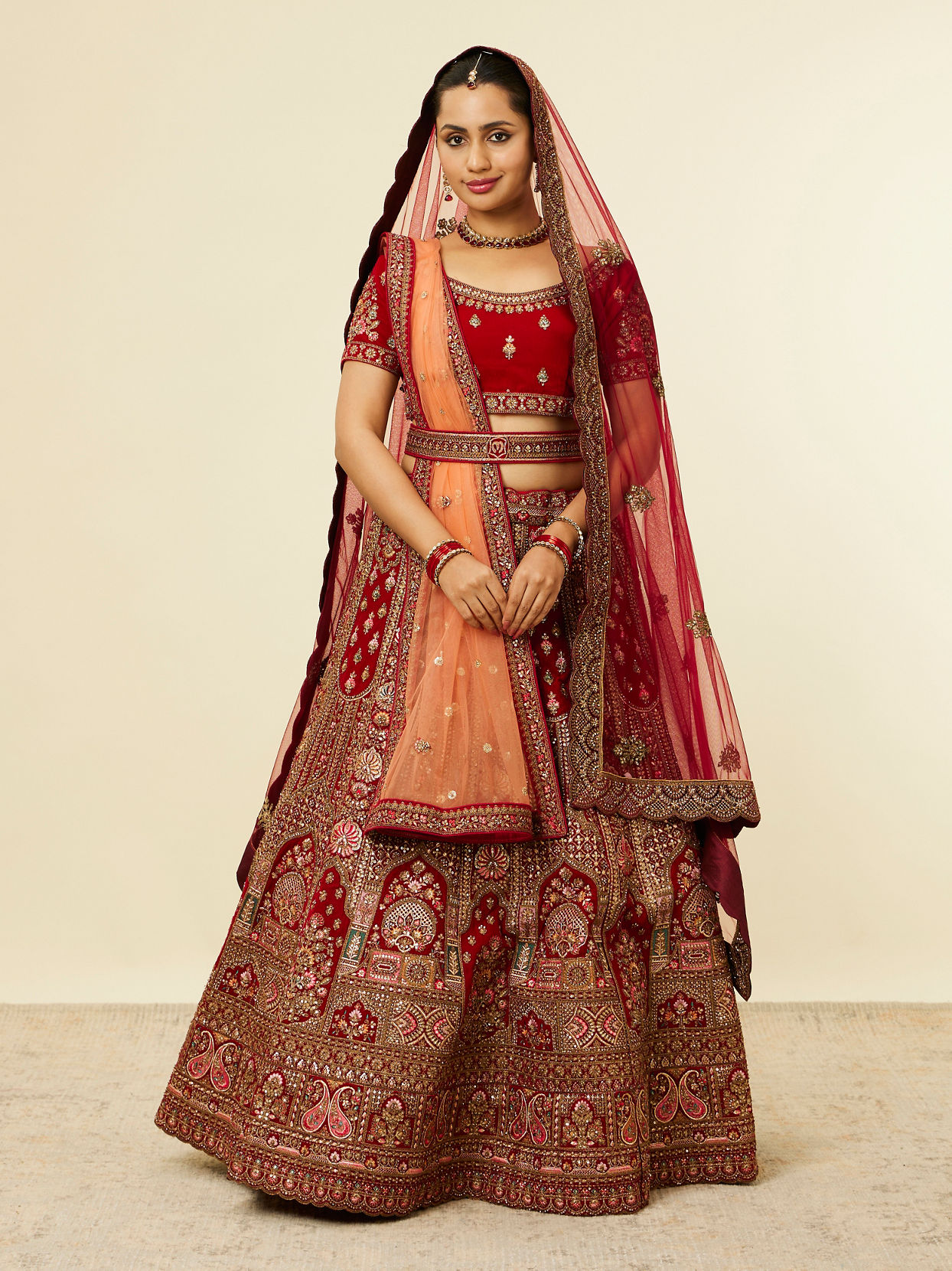 alt message - Mohey Women Bright Red Pink Imperial Paisley Patterned Bridal Lehenga image number 0